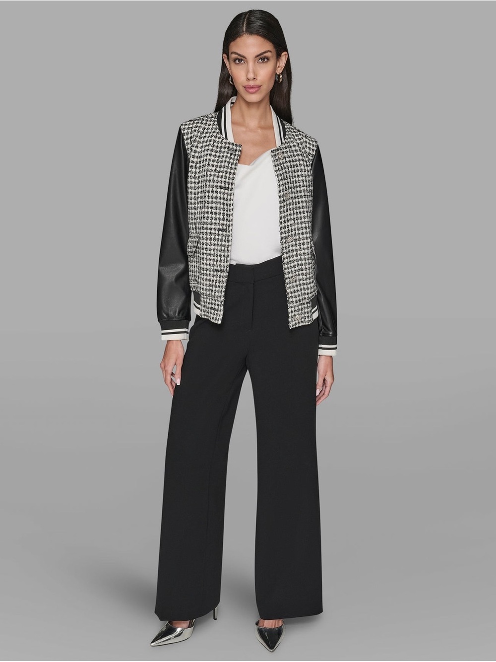 Karl Lagerfeld Mix Media Tweed Varsity Black and White Jacket Sz Small NWT